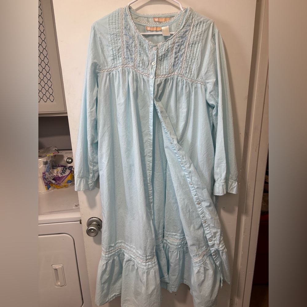LA CERA Nightgown & Robe Set 2 Piece Maxi Blue Cottage Core 100% Cotton Size XL